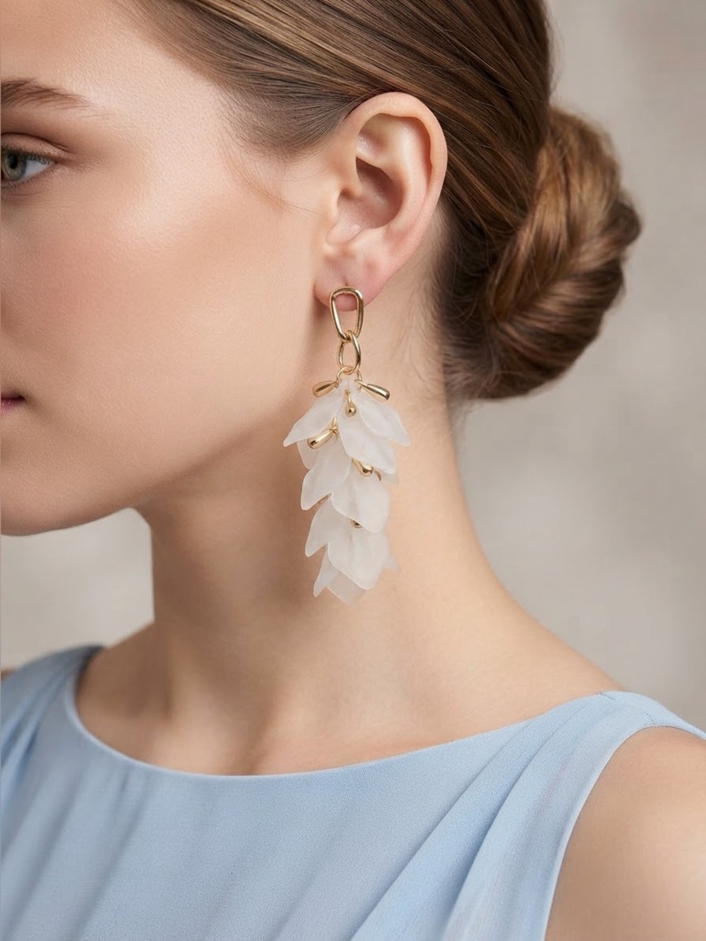 White Floral Petal Statement Earrings | Gold Tone Fringe Dangle Earrings